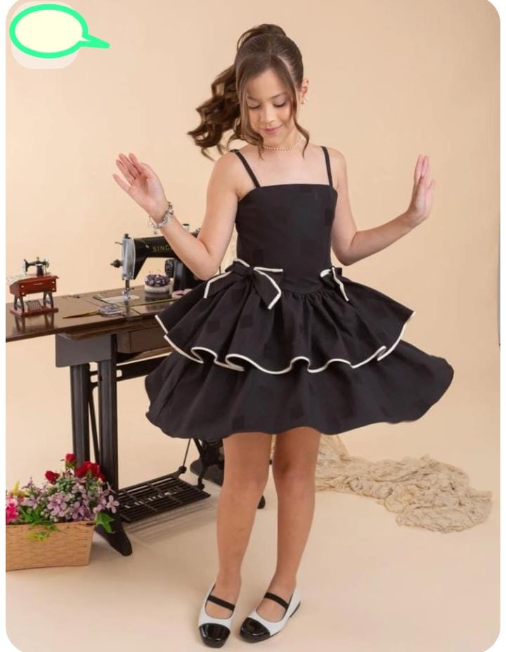 Girls black ruffle hem strap dress layered princess party dress 1 year to 14 years