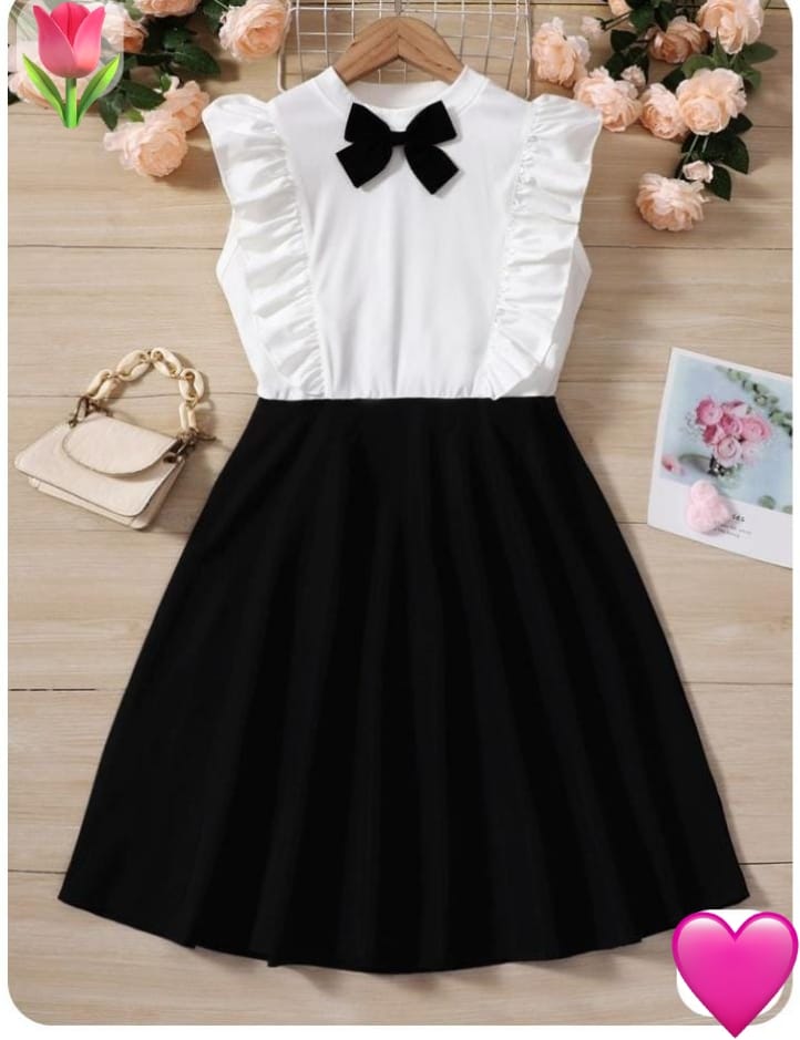 Girls white black bow dress ruffle sleeve a line party dress 1 years to 14 years
