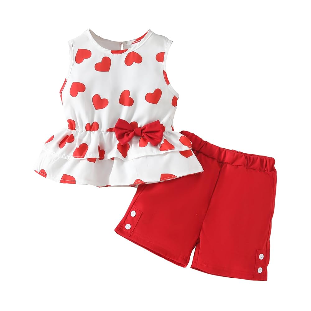 Grils red heart print co-set sleeveless bow top + shorts 6 months to 8 years