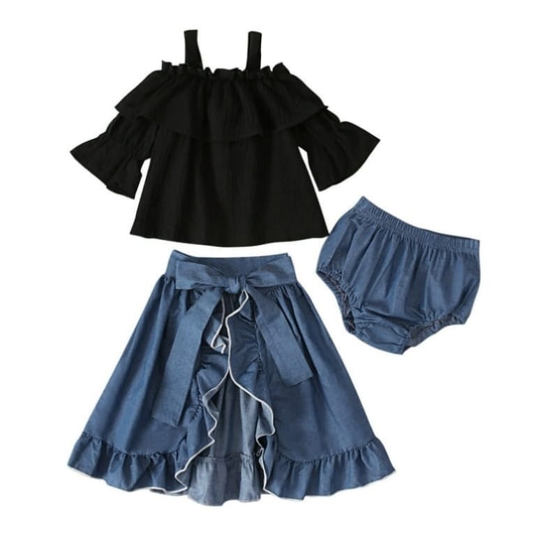 Baby Girls 3pc Denim Skirt Set | Off Shoulder Ruffle Top + Skirt + Bloomers 1 years to 8 years