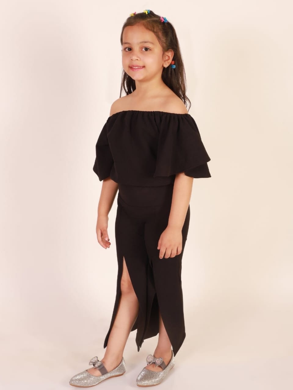 Girls Black Off Shoulder Set | Ruffle Top + Slit Wide Leg Pants 1-14Y