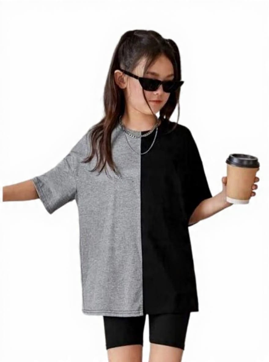 Girls Colorblock Oversized Set | Half Black Half Grey Tshirt + Biker Shorts 6 month  -14Y