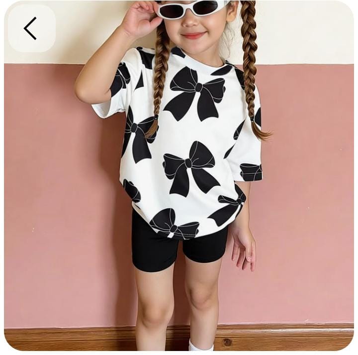 Girls Bow Print Co-ord Set | Oversized Tee + Biker Shorts 6 m -8 years