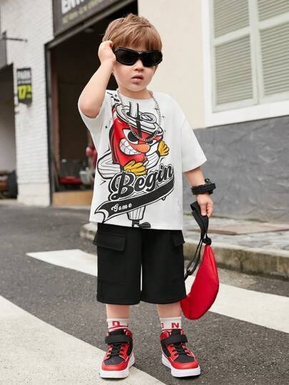 Boys Cartoon Graphic Set | Oversized Tee + Cargo Shorts  6 m -8 Y