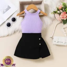Girls Lavender Top Skort Set | Ribbed Sleeveless + Button Skort 6 m to 8 Y