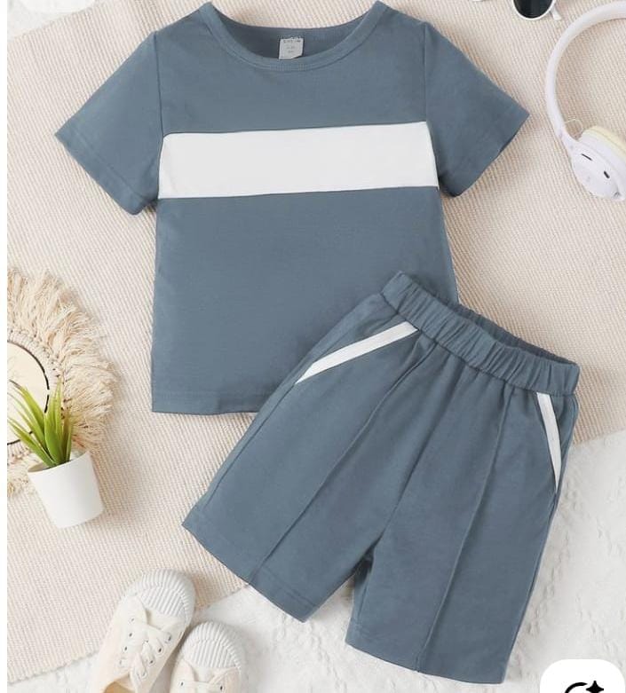 Kids Slate Blue Stripe Set | Tee + Shorts 2pc 6 m-8Y