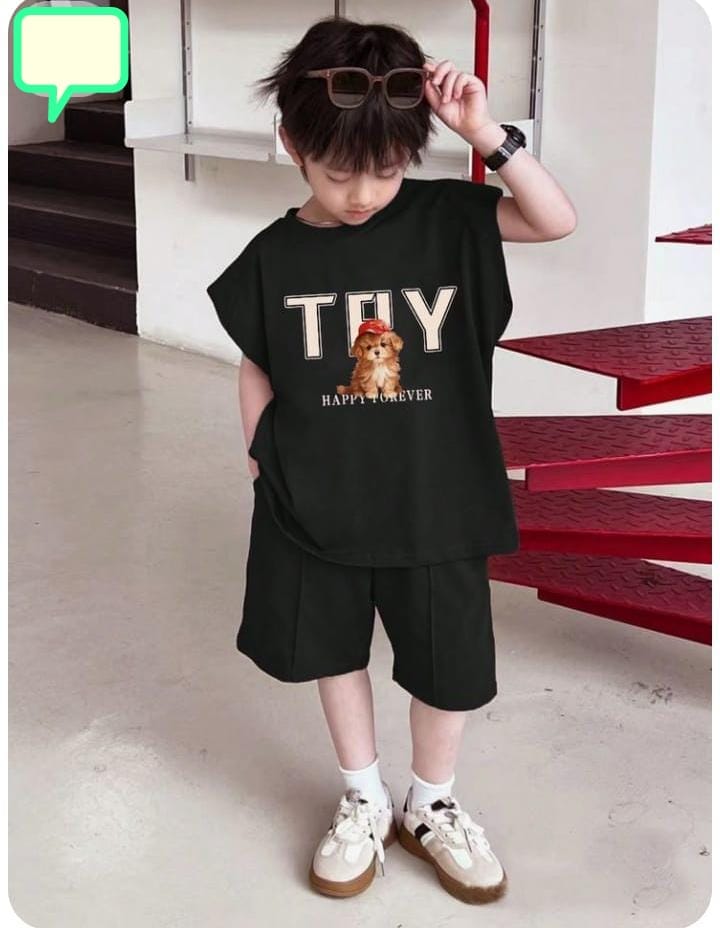 Kids Black TRY Puppy Set | Oversized Tee + Shorts  6 m to 8 Y