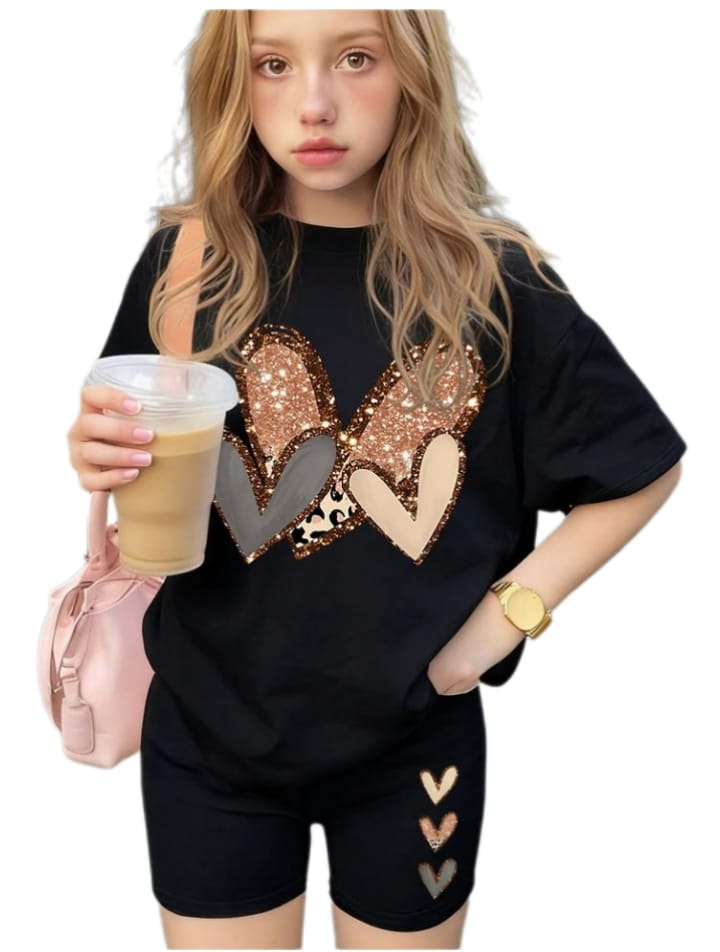Glitter Heart Oversized Tee + Biker Shorts 2pc Set 1 year top 8 years