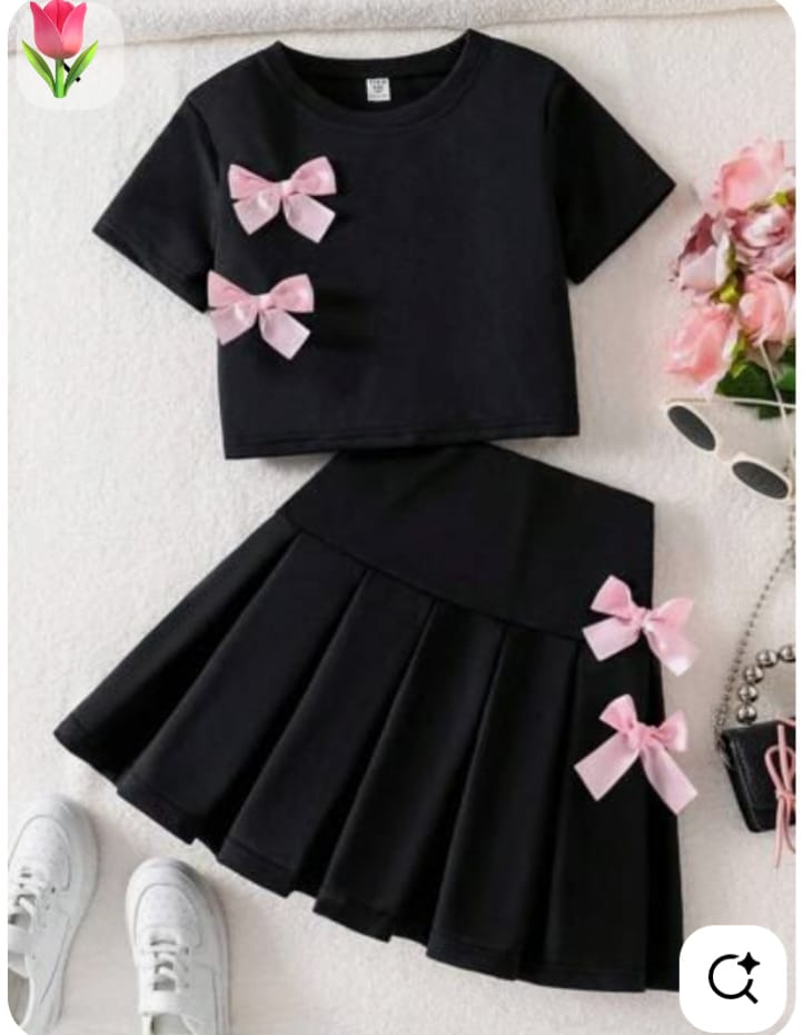 Black Bow Crop Top + Pleated Skirt 2pc Set 6 month to 8 years