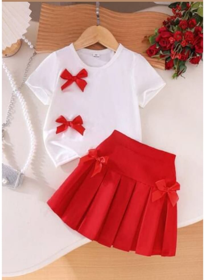 White Bow Tee + Red Pleated Skirt 2pc Set 6 month to 8 years