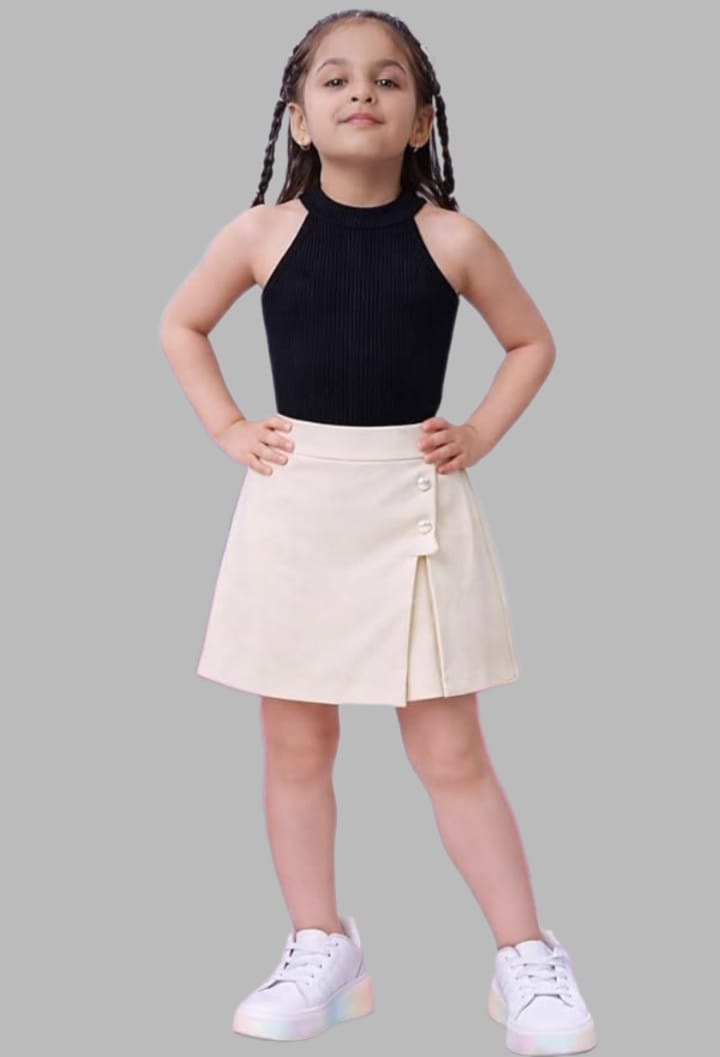 Black Halter Top + Cream Button Pleated Skirt 2pc Set  1 year to 8 years