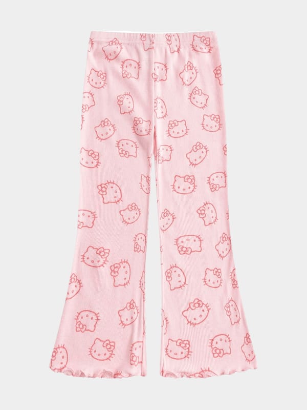 Little Kitty Print Lettuce Hem Bell Bottom Pants  2 year to 14 years
